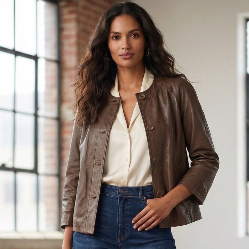 J.Jill Brown Leather Crop Jacket 3/4 Sleeve Round Neck Button Classic Quality Sm